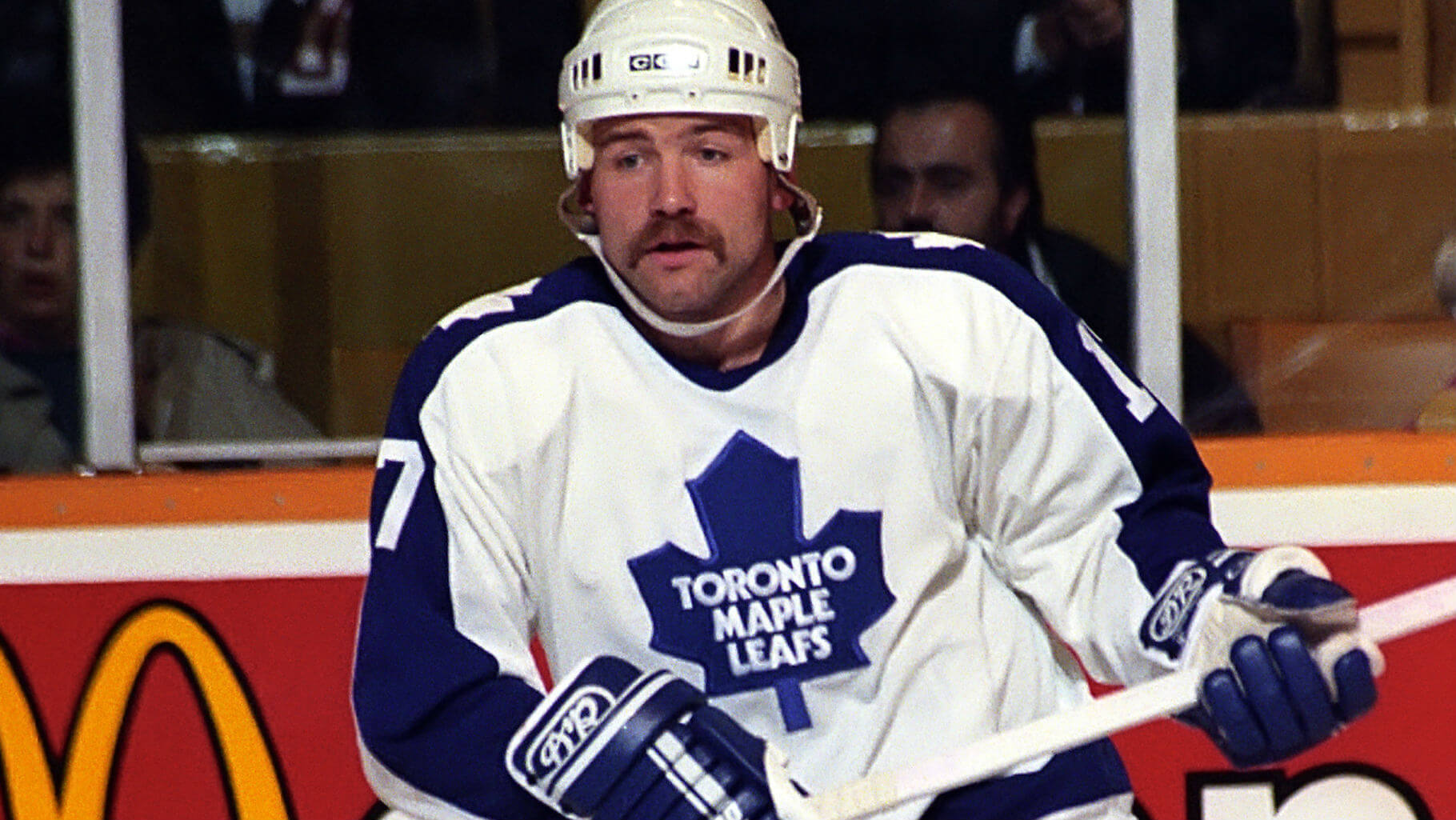 Wendel-Clark-of-the-Toronto-Maple-Leafs-skates-up-ice-against-the-Quebec-Nordiques-on-September-19,-1990,-at-Maple-Leaf-Gardens