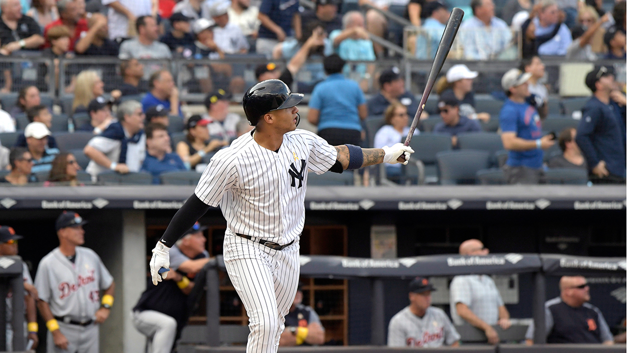 New York Yankees' Gleyber Torres follows through on a two-run home run against the Detroit Tigers. (Bill Kostroun/AP)