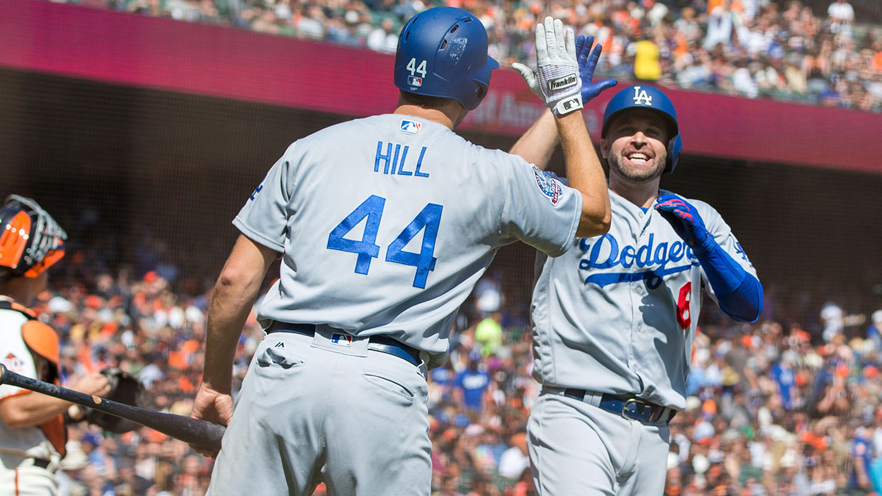 MLB-Dodgers-Dozier-and-Hill-celebrate-home-run-against-Giants