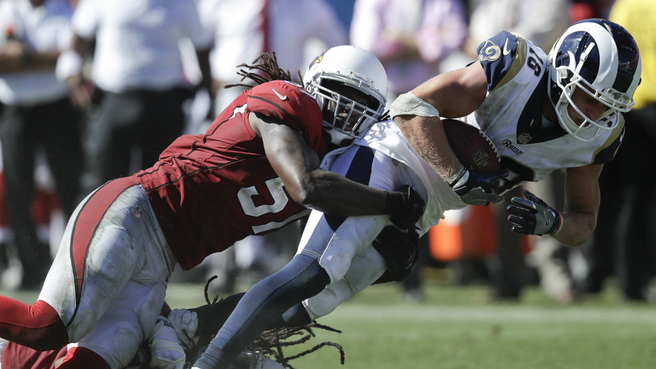 Los Angeles Rams wide receiver Cooper Kupp, is tackled by Arizona Cardinals linebacker Josh Bynes during the second half of an NFL football game Sunday, Sept. 16, 2018, in Los Angeles. (Jae C. Hong/AP)