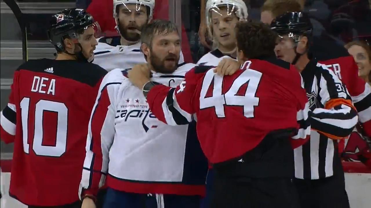Alex Ovechkin's mouth bloodied after high stick from Miles Wood