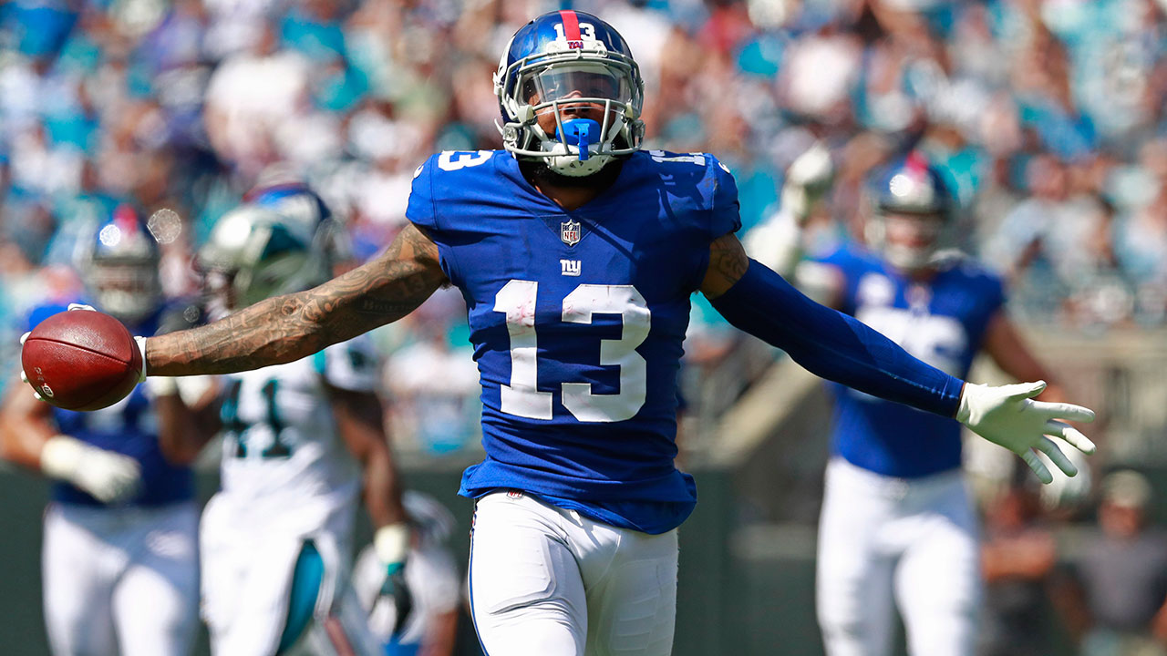 New York Giants' Odell Beckham (13) celebrates a catch against the Carolina Panthers. (Jason E. Miczek/AP)
