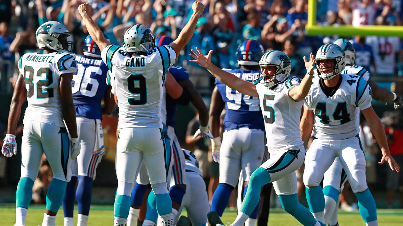 Carolina-Panthers'-Graham-Gano-(9)-celebrates-his-game-winning-field-goal-against-the-New-York-Giants-with-Michael-Palardy-(5)-in-the-second-half-of-an-NFL-football-game-in-Charlotte,-N.C.,-Sunday,-Oct.-7,-2018.-(AP-Photo/Jason-E.-Miczek)
