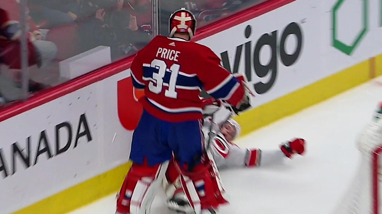 Carey Price plants Foegele after they get physical