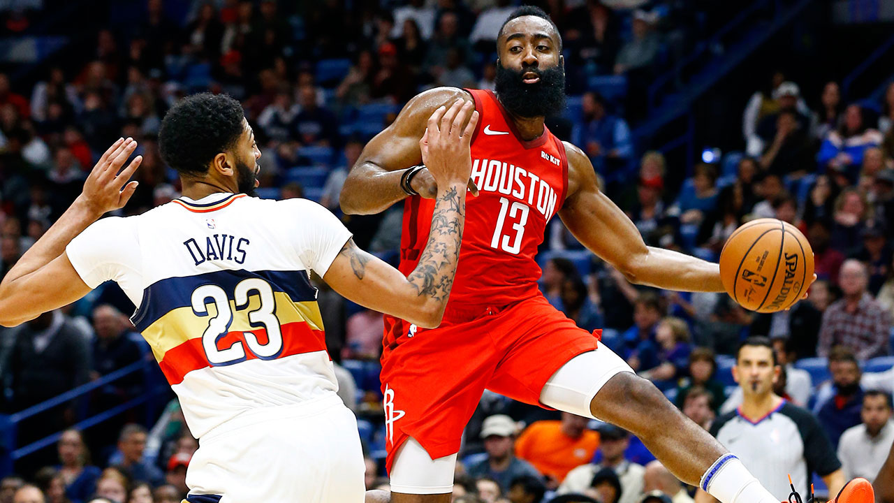 NBA-Rockets-Harden-passes-ball-around-Pelicans-Davis