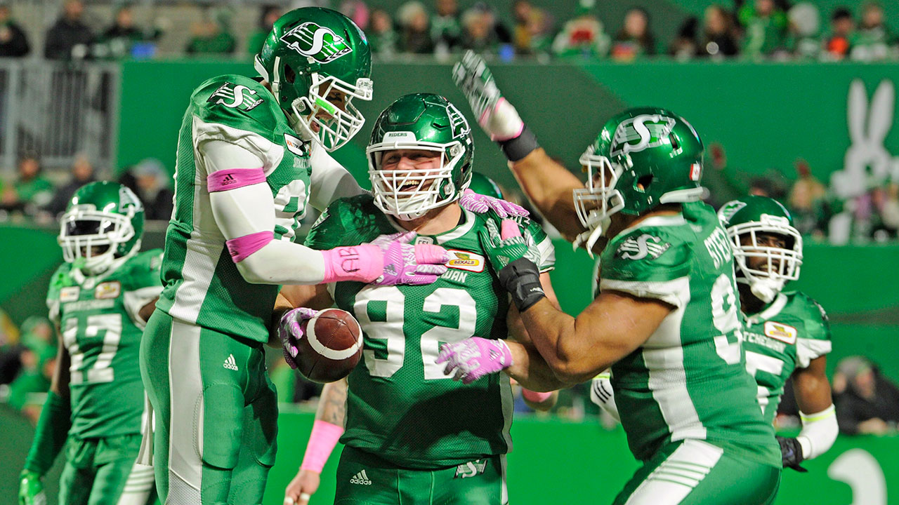 Saskatchewan Roughriders defensive lineman Zack Evans (92) celebrates a fumble recovery touchdown during second half CFL action against the B.C. Lions at Mosaic Stadium in Regina on Saturday, Oct. 27, 2018. (Mark Taylor/CP)