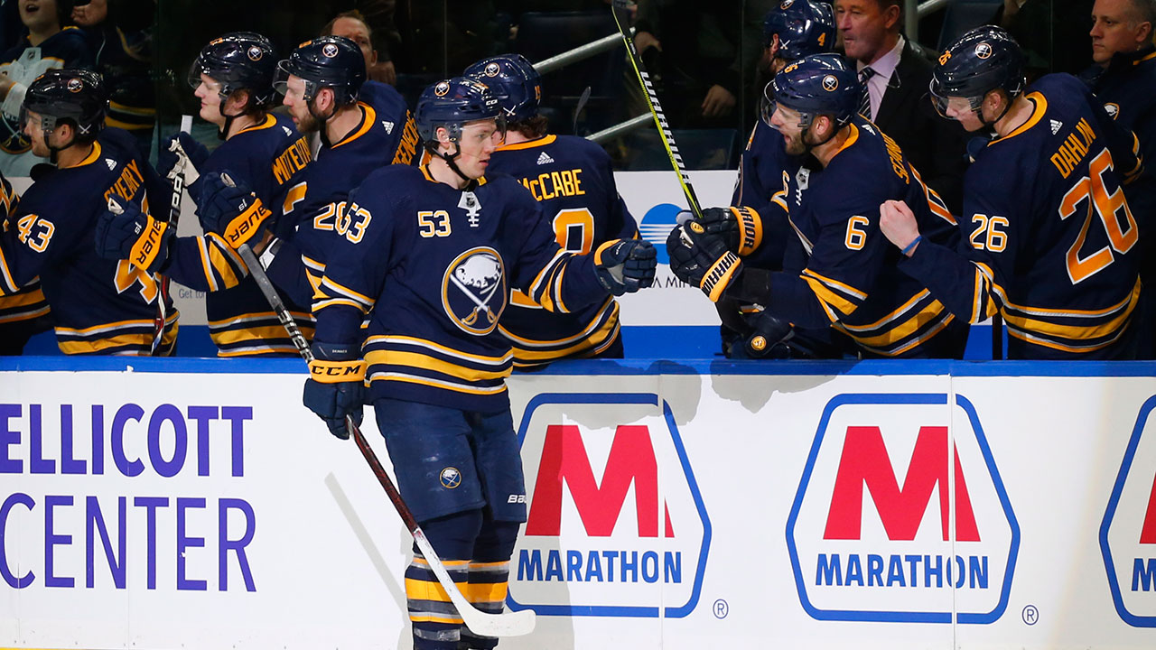 Buffalo Sabres forward Jeff Skinner (53) celebrates his goal during the second period. (Jeffrey T. Barnes/AP)