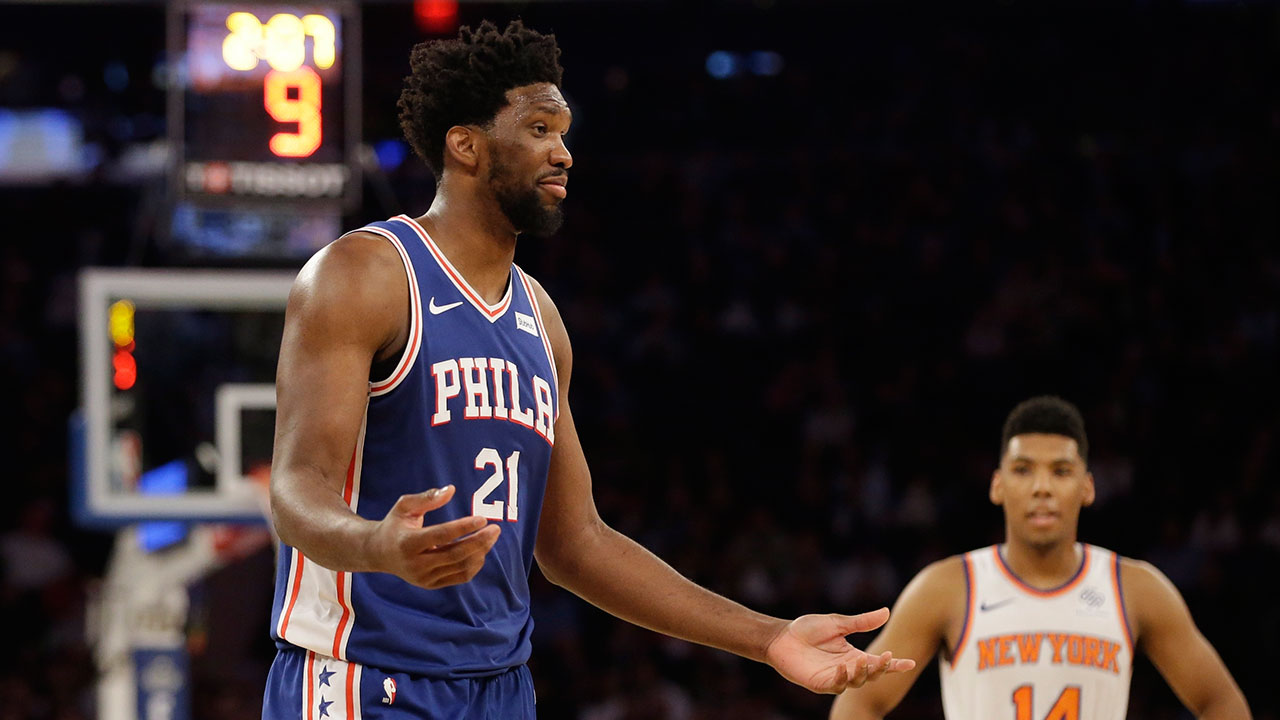 NBA-76ers-Embiid-gestures-on-court-against-Knicks