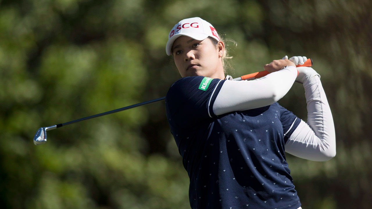 Ariya Jutanugarn tees off during the second round of the CME Group Tour Championship golf tournament Friday, Nov. 16, 2018, in Naples, Fla. (Andrew West/The News-Press via AP)
