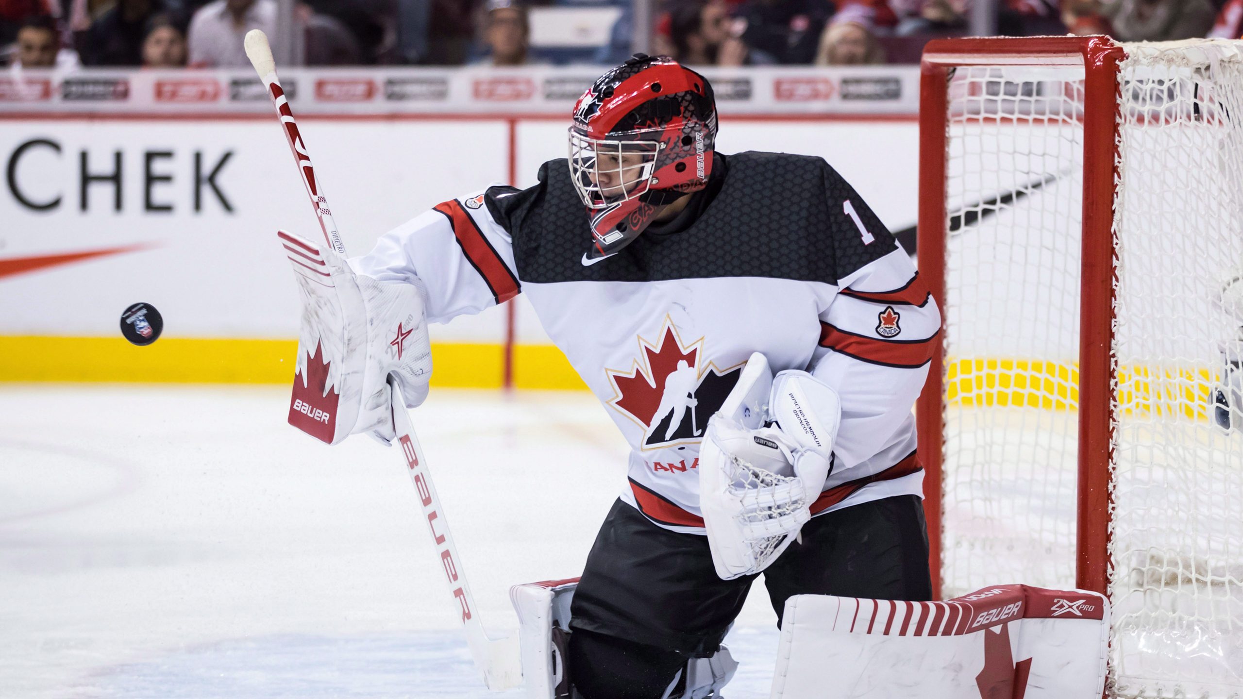 Canada goalie Michael DiPietro makes a blocker save during the 2018 IIHF world junior hockey championship on Dec. 31, 2018. (Darryl Dyck / CP)