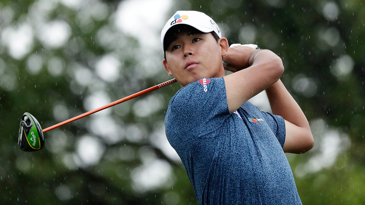 Si Woo Kim watches his drive on the second hole during the third round of the Texas Open golf tournament. (Eric Gay/AP)