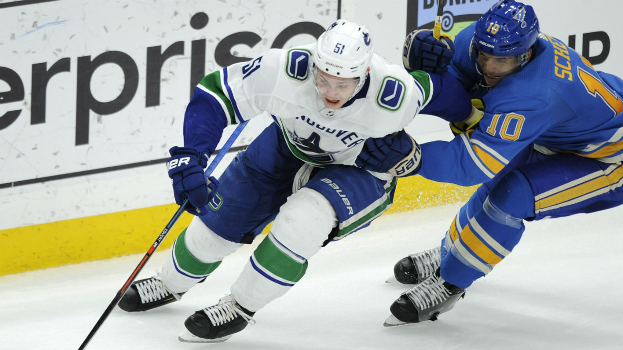 Vancouver-Canucks'-Troy-Stecher-(51)-skates-around-St.-Louis-Blues'-Brayden-Schenn-(10)-during-the-third-period-of-an-NHL-hockey-game,-Saturday,-April-6,-2019,-in-St.-Louis.-(AP-Photo/Bill-Boyce)