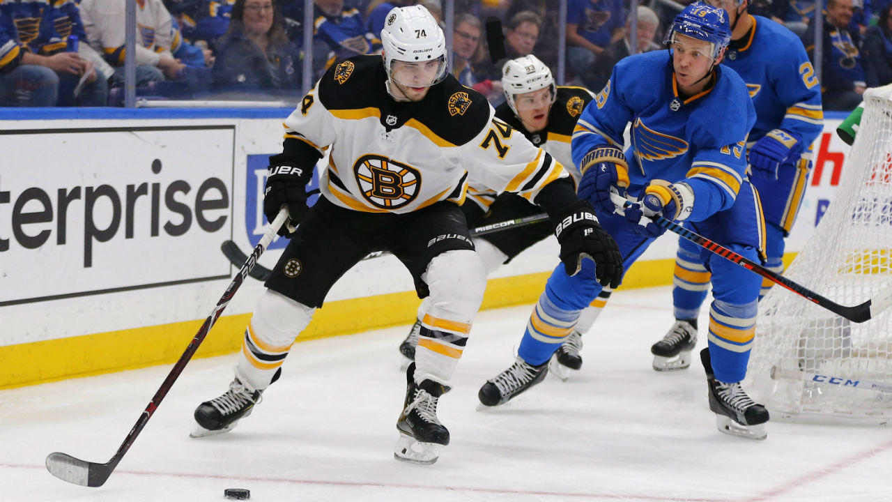 Boston Bruins' Jake DeBrusk (74) controls the puck against St. Louis Blues' Jay Bouwmeester (19) during the third period of an NHL hockey game Saturday, Feb. 23, 2019, in St. Louis. (Dilip Vishwanat/AP)
