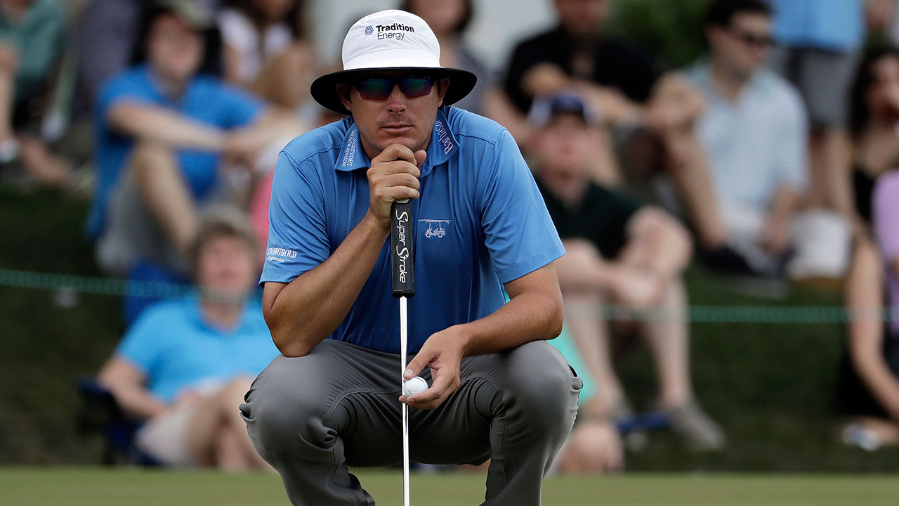 Golf-PGA-Dahmen-lines-up-putt-at-Wells-Fargo-championship