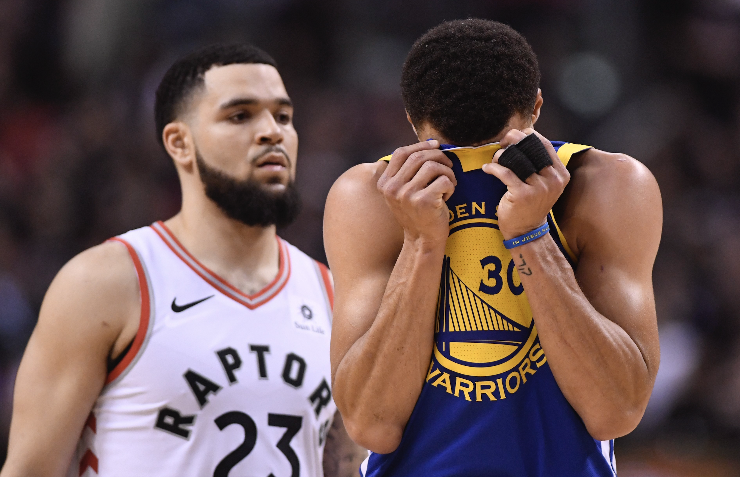 Golden-State-Warriors-guard-Stephen-Curry-(30)-reacts-during-second-half-basketball-action-in-Game-1-of-the-NBA-Finals-against-the-Toronto-Raptors-in-Toronto-on-Thursday,-May-30,-2019.-(Frank-Gunn/CP)