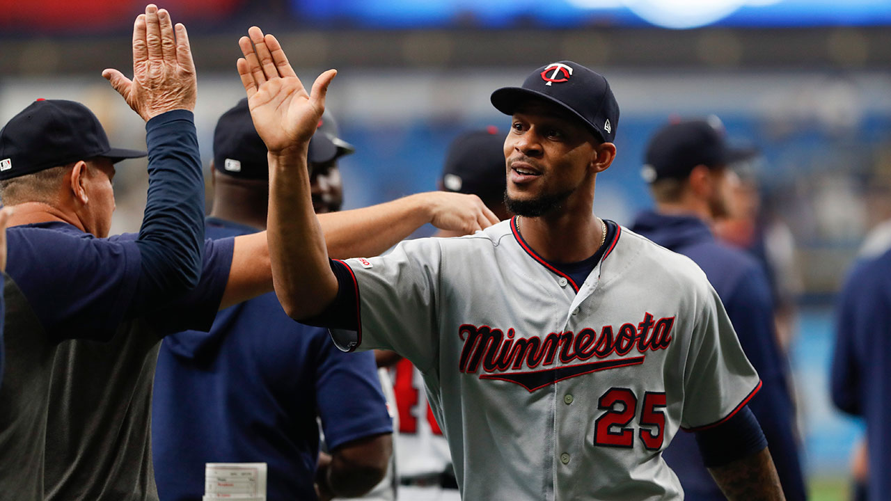 Minnesota Twins star Byron Buxton celebrates with teammates. (Scott Audette/AP)