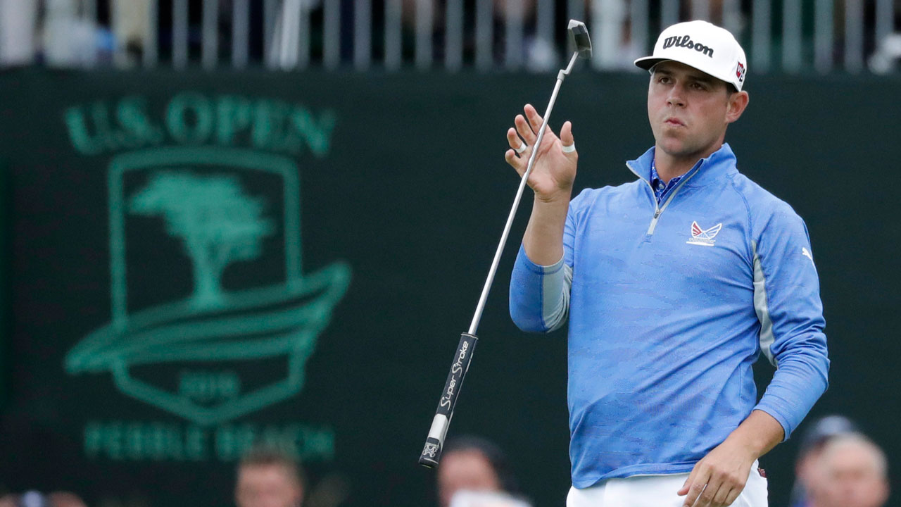 Gary Woodland reacts after missing a putt on the 18th hole during the third round of the U.S. Open golf tournament Saturday, June 15, 2019, in Pebble Beach, Calif. (Matt York/AP)