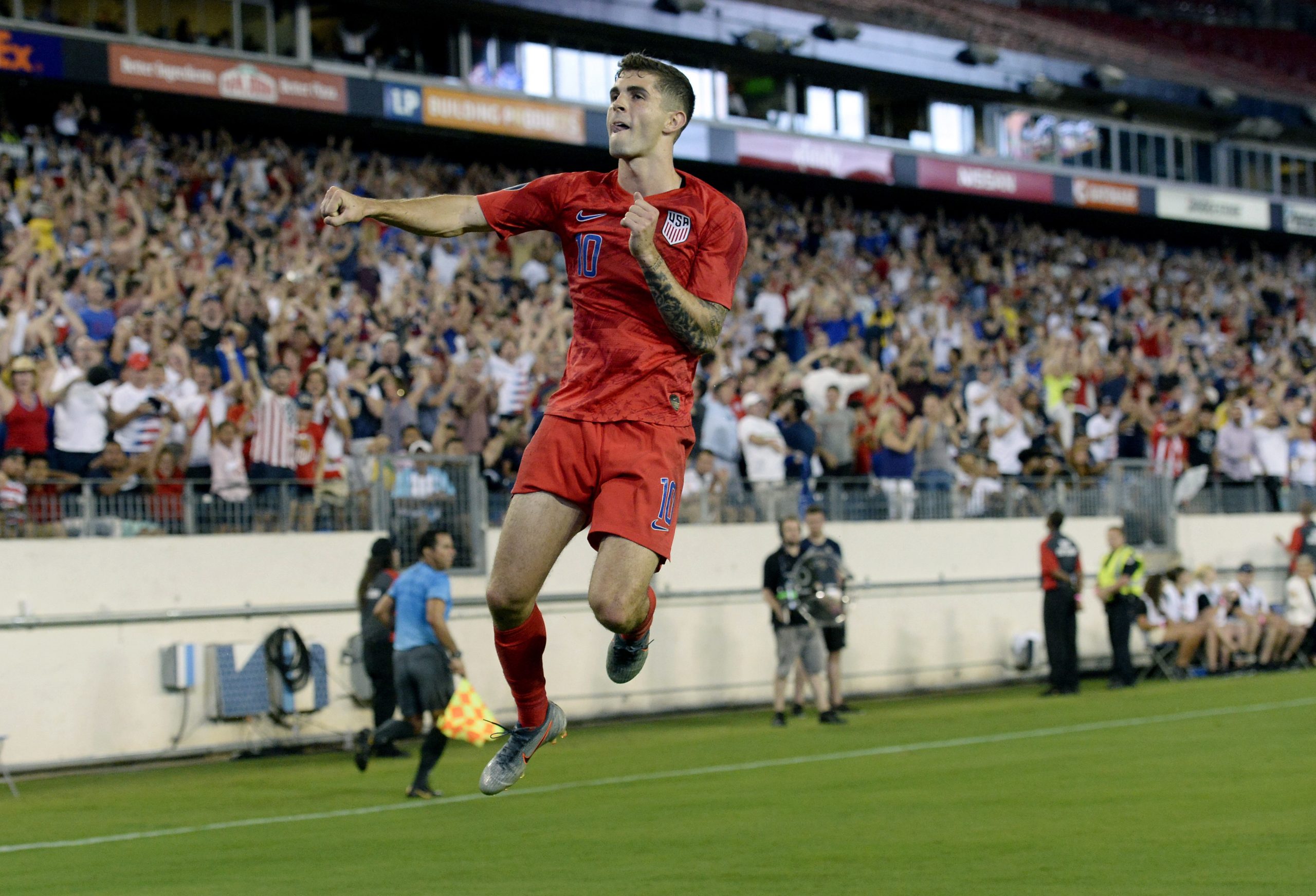 United States midfielder Christian Pulisic celebrates after scoring a goal against Jamaica during the second half of a CONCACAF Gold Cup semifinal soccer match Wednesday, July 3, 2019, in Nashville, Tenn. (Mark Zaleski / AP)