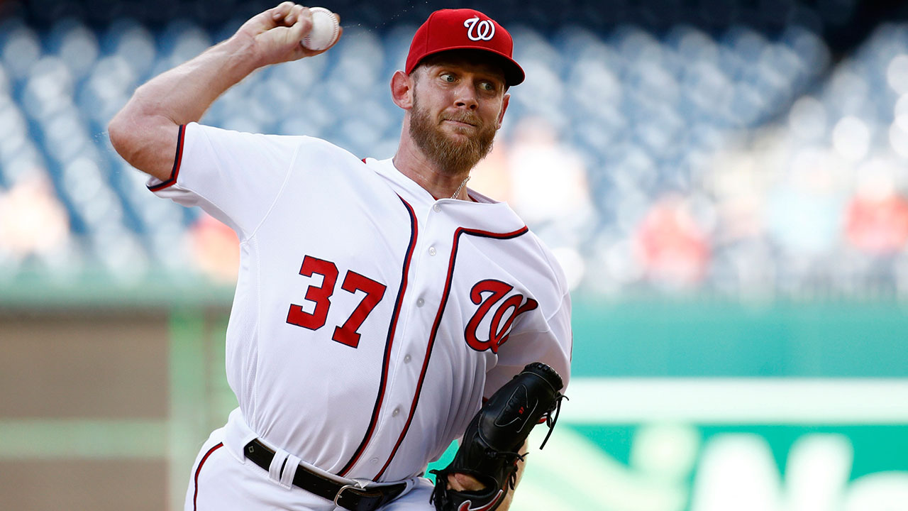 Washington Nationals starting pitcher Stephen Strasburg throws to the Miami Marlins in the first inning of a baseball game, Wednesday, July 3, 2019, in Washington. (Patrick Semansky / AP)