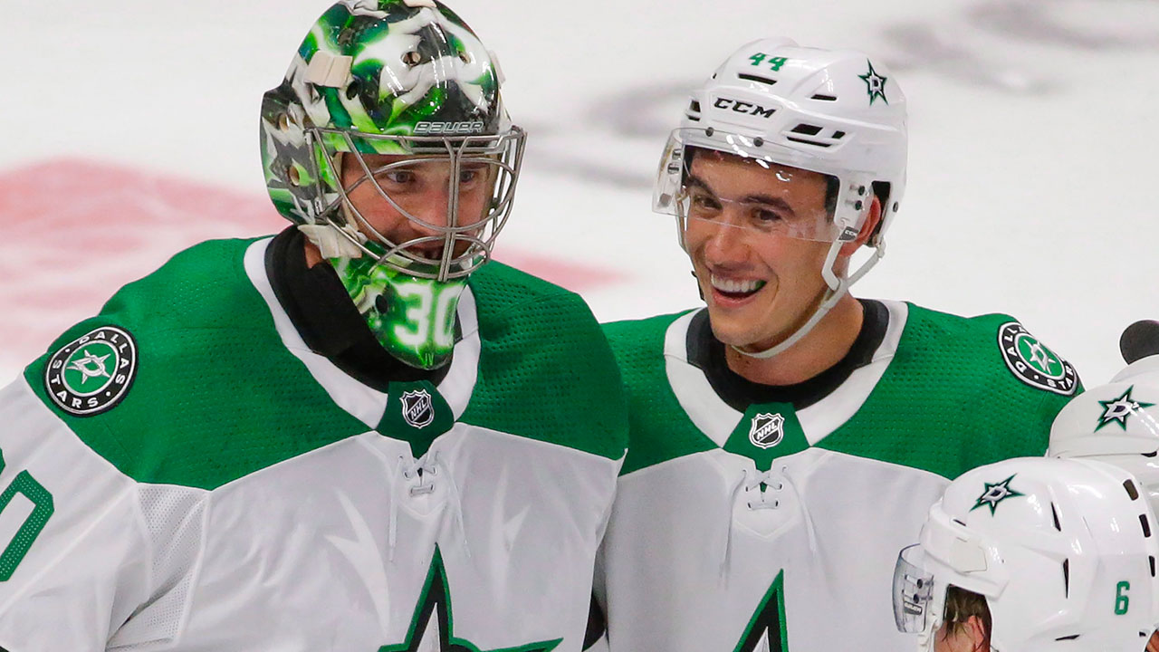 Dallas Stars goaltender Ben Bishop (30) and teammate Gavin Bayreuther (44). (Jack Dempsey/AP)