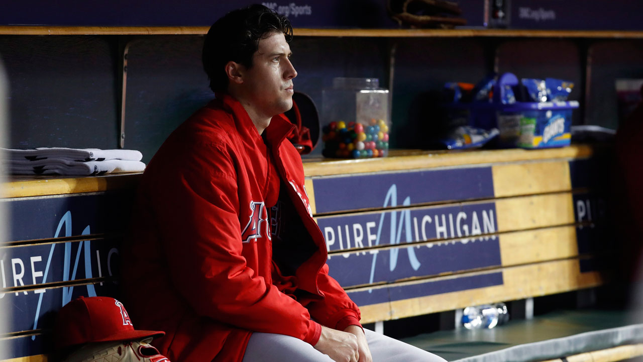 Los Angeles Angels pitcher Tyler Skaggs watches from the bench in the fifth inning of a baseball game against the Detroit Tigers in Detroit, Wednesday, May 8, 2019. (Paul Sancya/AP)