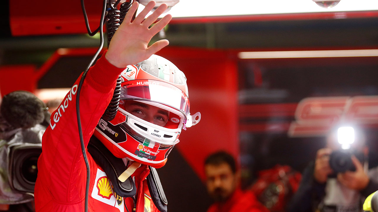 Ferrari driver Charles Leclerc of Monaco waves during the first free practice at the Monza racetrack, in Monza, Italy, Friday, Sept. 6, 2019. The Formula one race will be held on Sunday. (Antonio Calanni / AP)