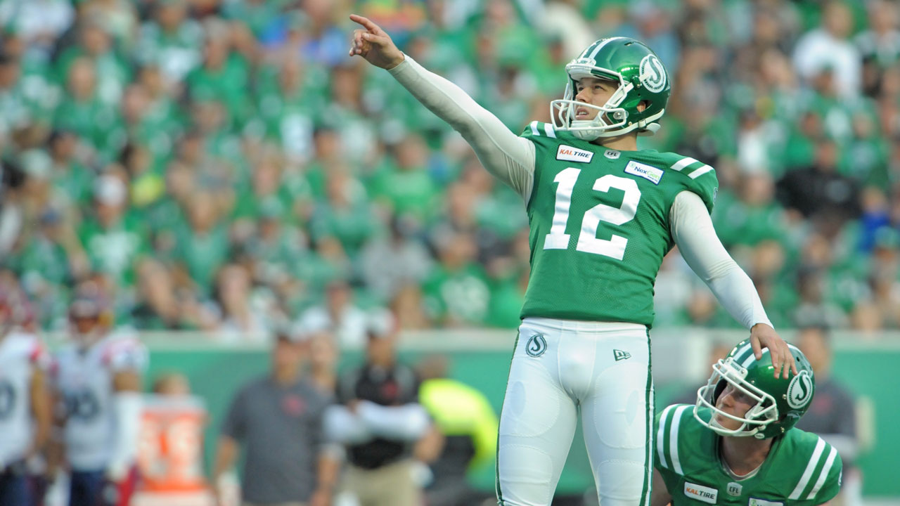 Saskatchewan Roughriders kicker Brett Lauther reacts after hitting a field goal against the Montreal Alouettes during first half CFL action in Regina on Saturday, Sept. 14, 2019. (Mark Taylor/CP)
