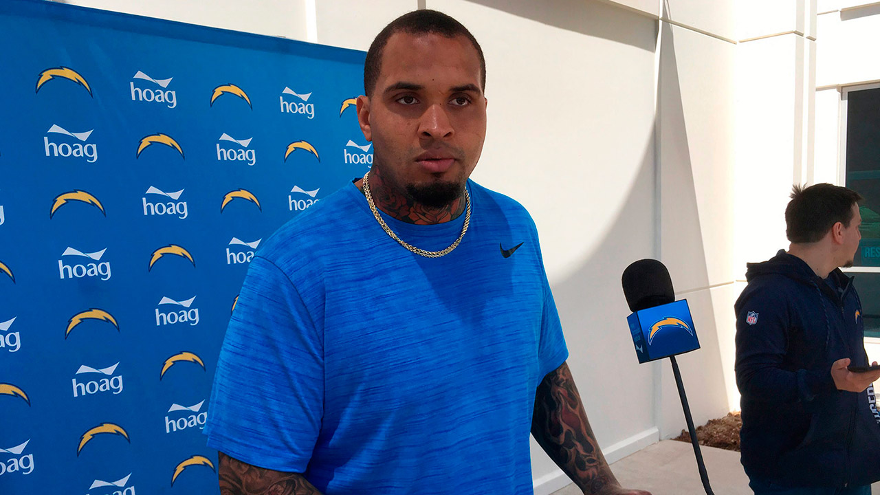 Los Angeles Chargers centre Mike Pouncey answers a question at a news conference. (Greg Beacham/AP)