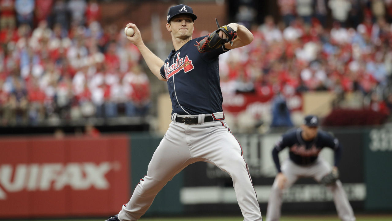 Atlanta Braves starting pitcher Mike Soroka throws a pitch during the first inning in Game 3 of a National League Division Series baseball game against the St. Louis Cardinals. (Charlie Riedel/AP)