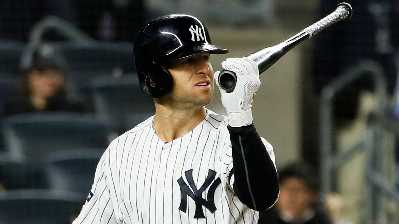 New York Yankees' Brett Gardner reacts after striking out against the Houston Astros during the eighth inning in Game 4 of baseball's American League Championship Series Thursday, Oct. 17, 2019, in New York. (Matt Slocum/AP)