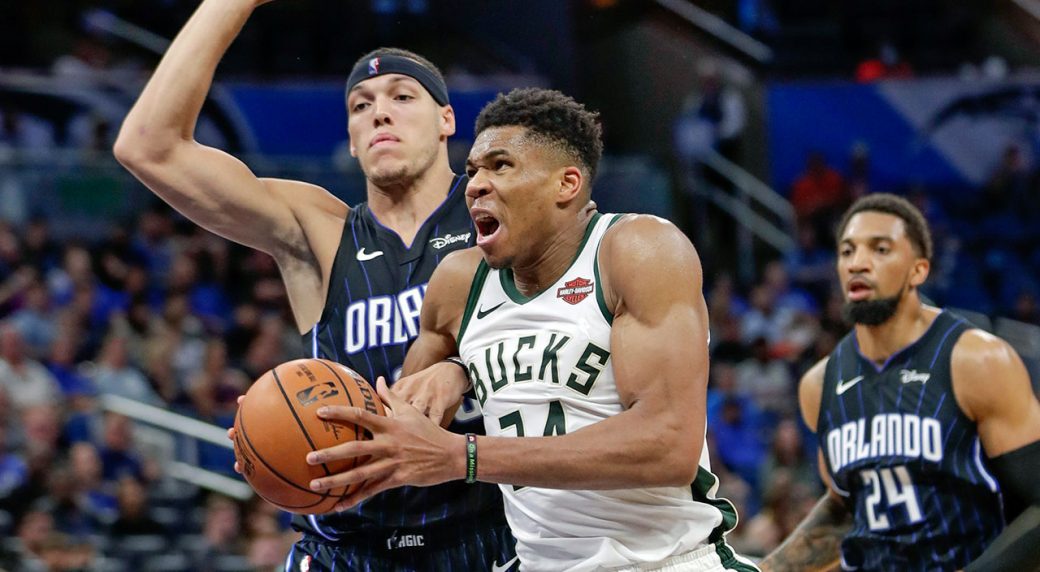 Giannis Antetokounmpo pictured driving to the rim versus the Magic.