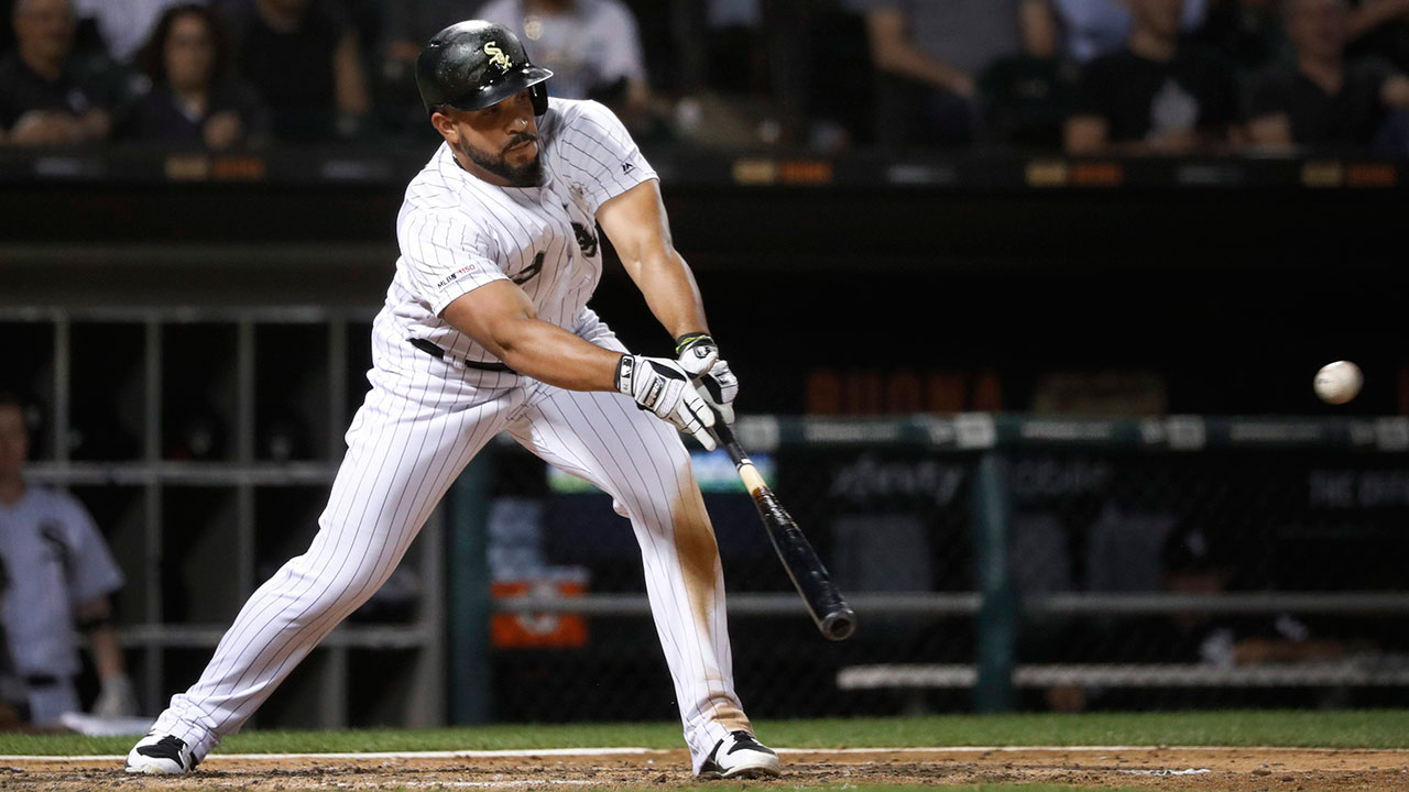 Chicago White Sox's Jose Abreu slaps an RBI single off Cleveland Indians starting pitcher Shane Bieber during the fourth inning of a baseball game Wednesday, Sept. 25, 2019, in Chicago. (Charles Rex Arbogast/AP Photo)