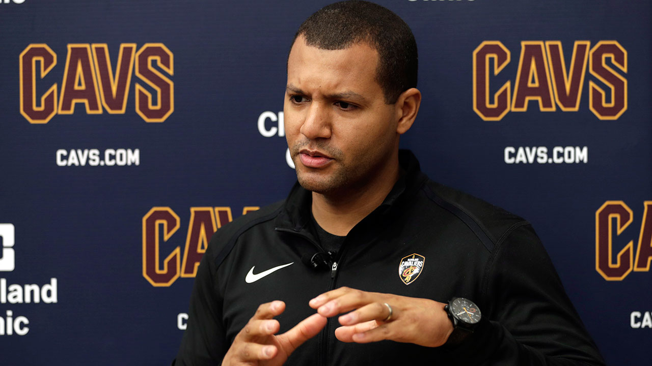 Cleveland Cavaliers general manager Koby Altman speaks to the media at the NBA basketball team's training facility in Independence, Ohio. (Tony Dejak/AP)