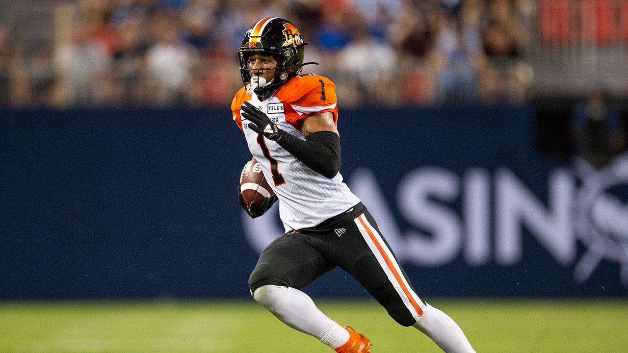 BC Lions wide receiver Lemar Durant (1) runs the ball during second half CFL football action against the Toronto Argonauts. Andrew Lahodynskyj/THE CANADIAN PRESS
