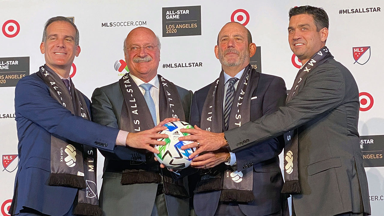 Los Angeles mayor Eric Garcetti, from left, LIGA MX Executive President Enrique Bonilla, Major League Soccer Commissioner Don Garber and LAFC President Tom Penn announce that the MLS 2020 All-Star soccer game will be held in Los Angeles, during a press conference at Banc of California Stadium in Los Angeles, Wednesday, Nov 20, 2019. The game, which will be held on July 29, 2020, will match the best of MLS against the all stars from Mexico's LIGA MX. (Joe Reedy/AP photo)