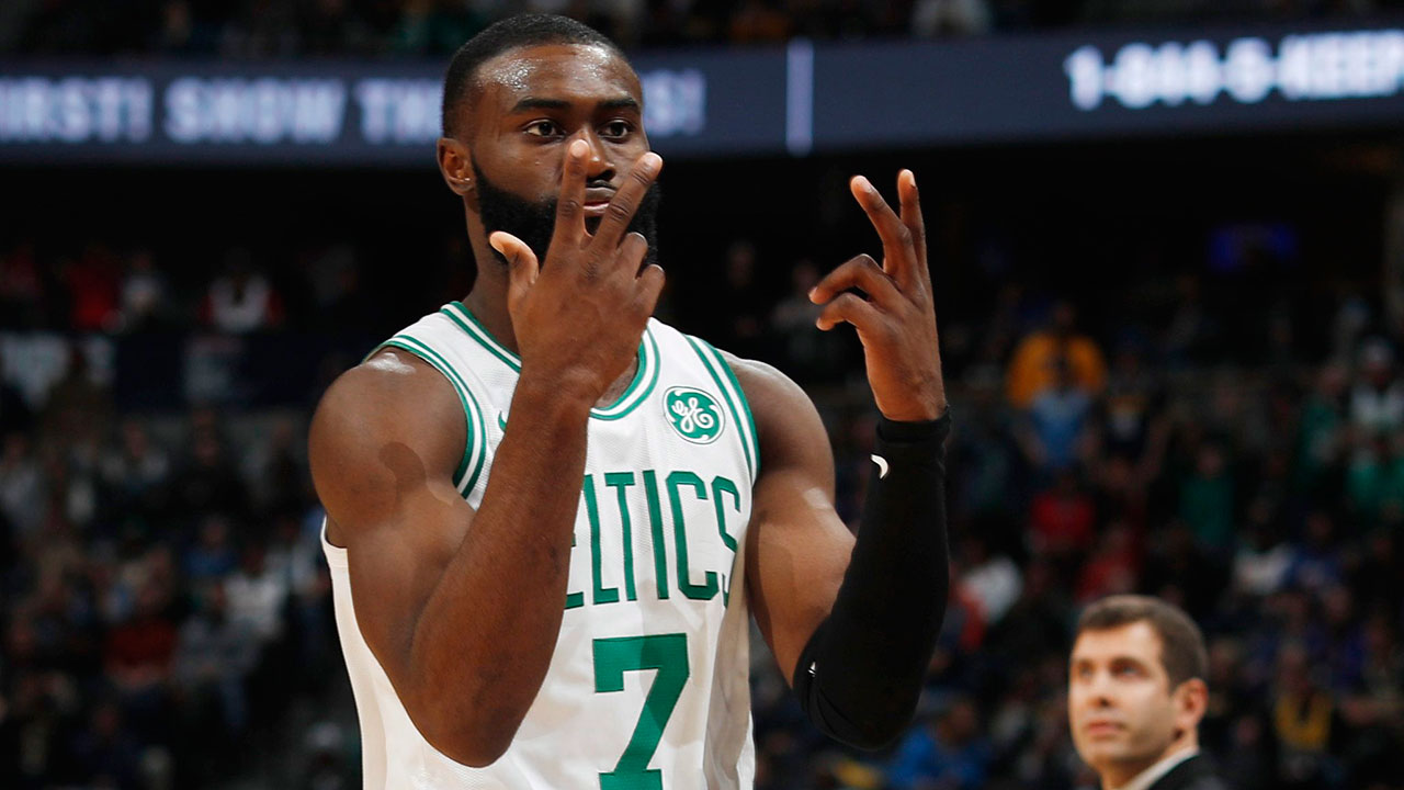Boston Celtics guard Jaylen Brown reacts after hitting a 3-point basket late in the second half of the team's NBA basketball game against the Denver Nuggets. (David Zalubowski/AP)