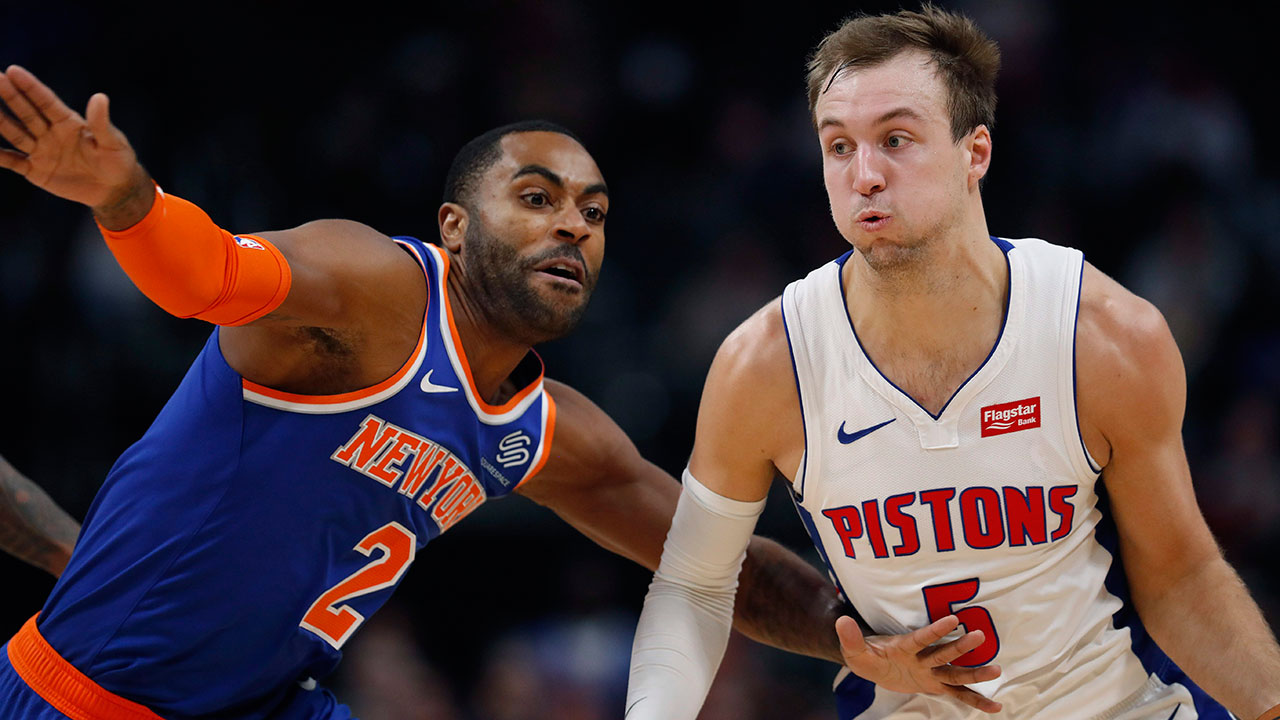 Detroit Pistons guard Luke Kennard (5) drives on New York Knicks guard Wayne Ellington (2) during the first half of an NBA basketball game, Wednesday, Nov. 6, 2019, in Detroit. (Carlos Osorio/AP)
