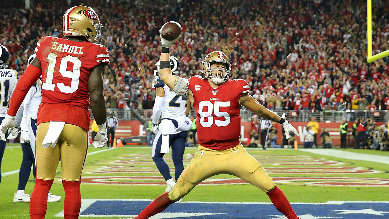San Francisco 49ers tight end George Kittle (85) celebrates after scoring against the Los Angeles Rams during the second half in Santa Clara, Calif., Saturday, Dec. 21, 2019. (John Hefti/AP)