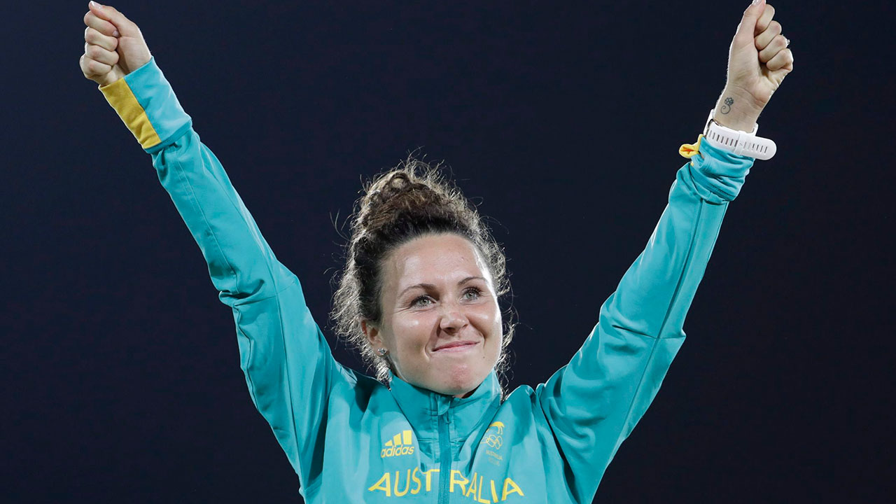 Chloe Esposito of Australia celebrates winning the gold medal at the awards ceremony of the women's modern pentathlon at the 2016 Summer Olympics. (Natacha Pisarenko/AP)