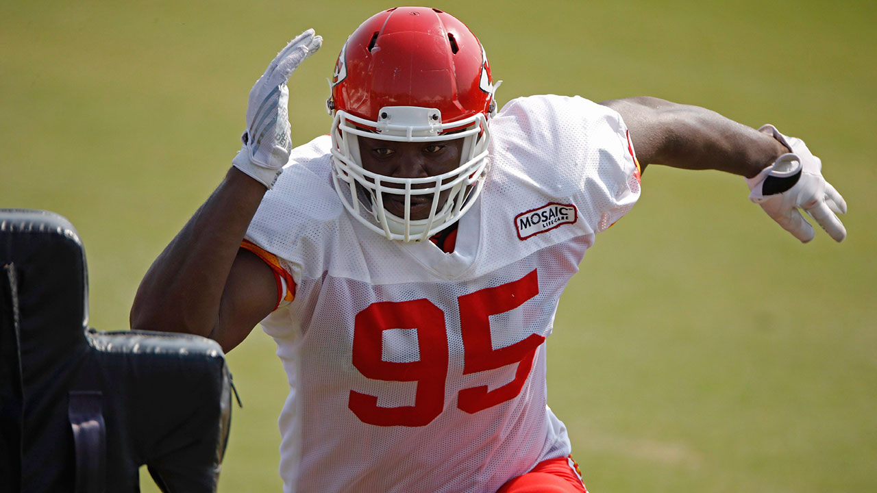 Kansas City Chiefs defensive end Chris Jones participates in a drill at NFL football training camp. (Charlie Riedel/AP)