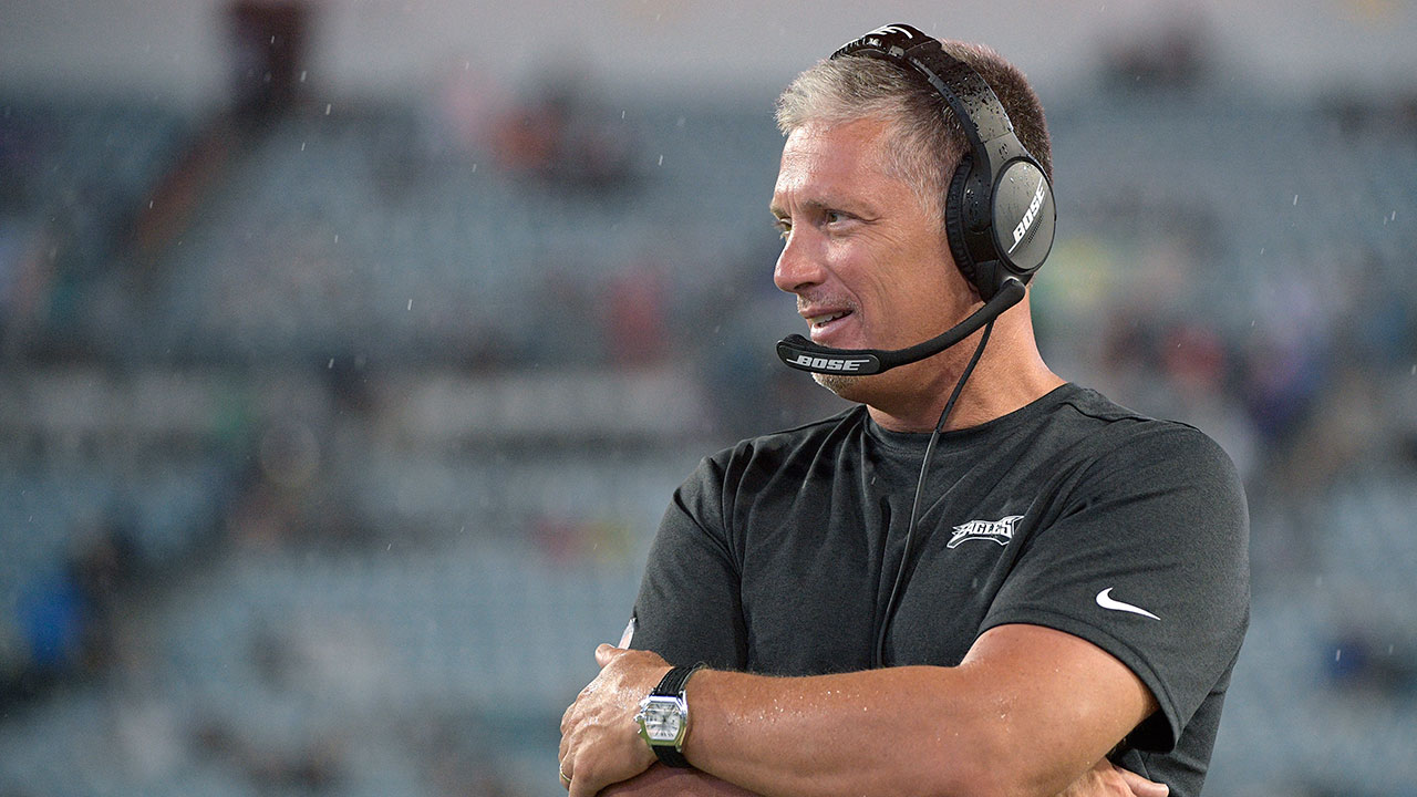 In this Aug. 15, 2019, file photo, Philadelphia Eagles defensive coordinator Jim Schwartz watches from the sideline during the second half of an NFL preseason football game against the Jacksonville Jaguars. (Phelan M. Ebenhack, File, AP)