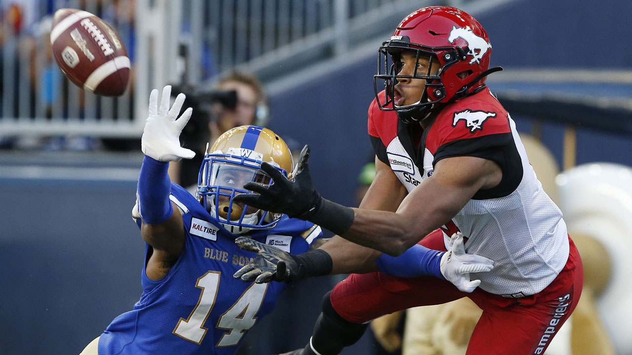 Winnipeg Blue Bombers' Marcus Sayles (14) gets called for pass interference on this touchdown pass to Calgary Stampeders' Eric Rogers (4) during the first half of CFL action in Winnipeg. (John Woods/CP)