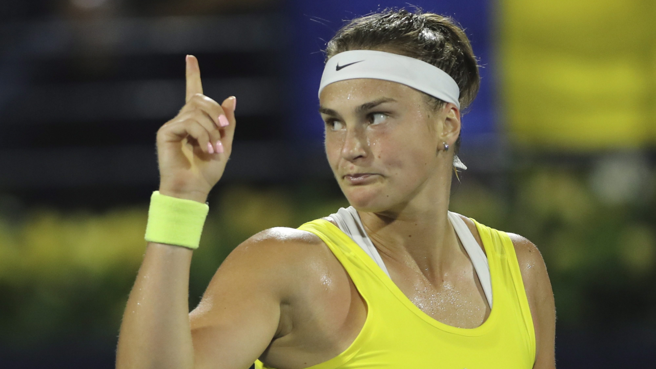 Belarusian Aryna Sabalenka reacts. (Kamran Jebreili/AP)
