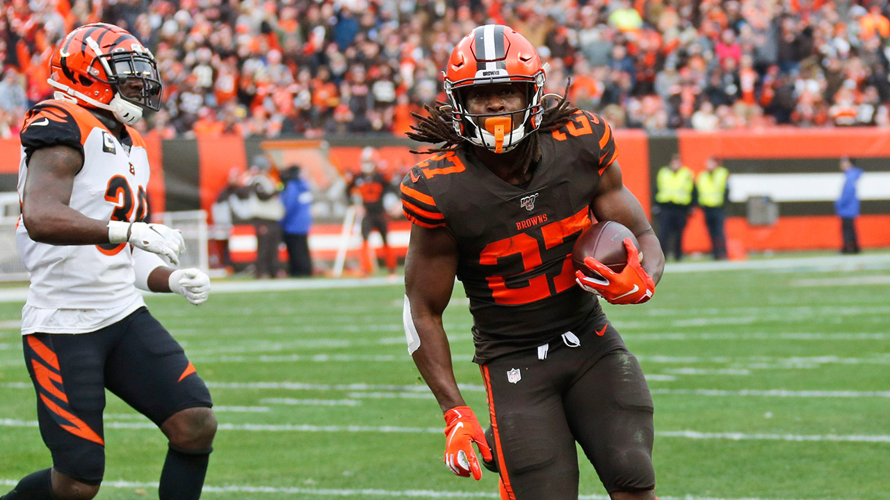 Cleveland Browns running back Kareem Hunt, right, scores a three-yard touchdown during the second half against the Cincinnati Bengals, Sunday, Dec. 8, 2019, in Cleveland. (Ron Schwane/AP)