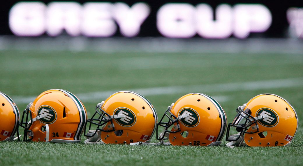 edmonton-eskimos-helmets-on-a-football-field