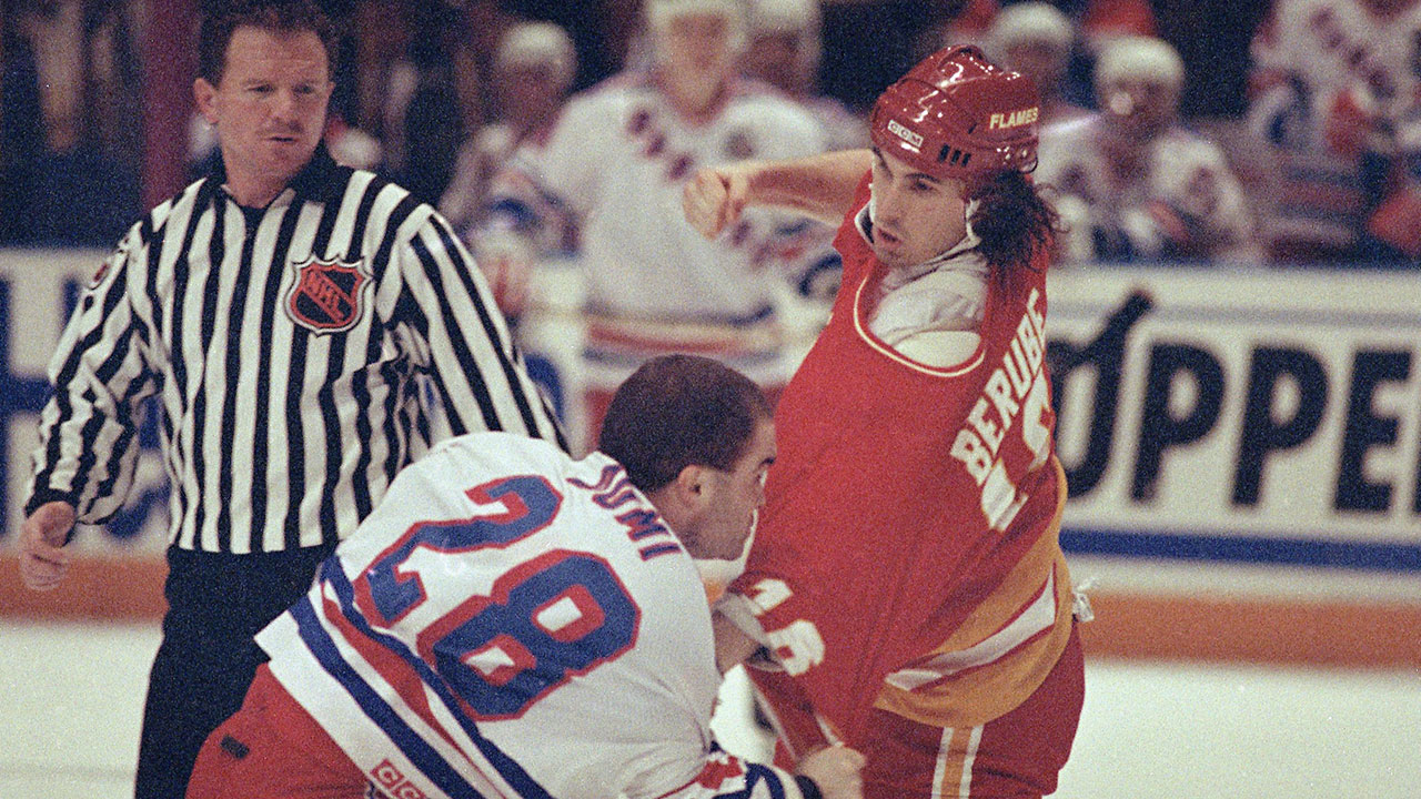 Calgary-Flames'-Craig-Berube-readies-to-throw-a-punch-at-New-York-Rangers'-Tie-Domi-during-during-first-period-action-at-Madison-Square-Garden