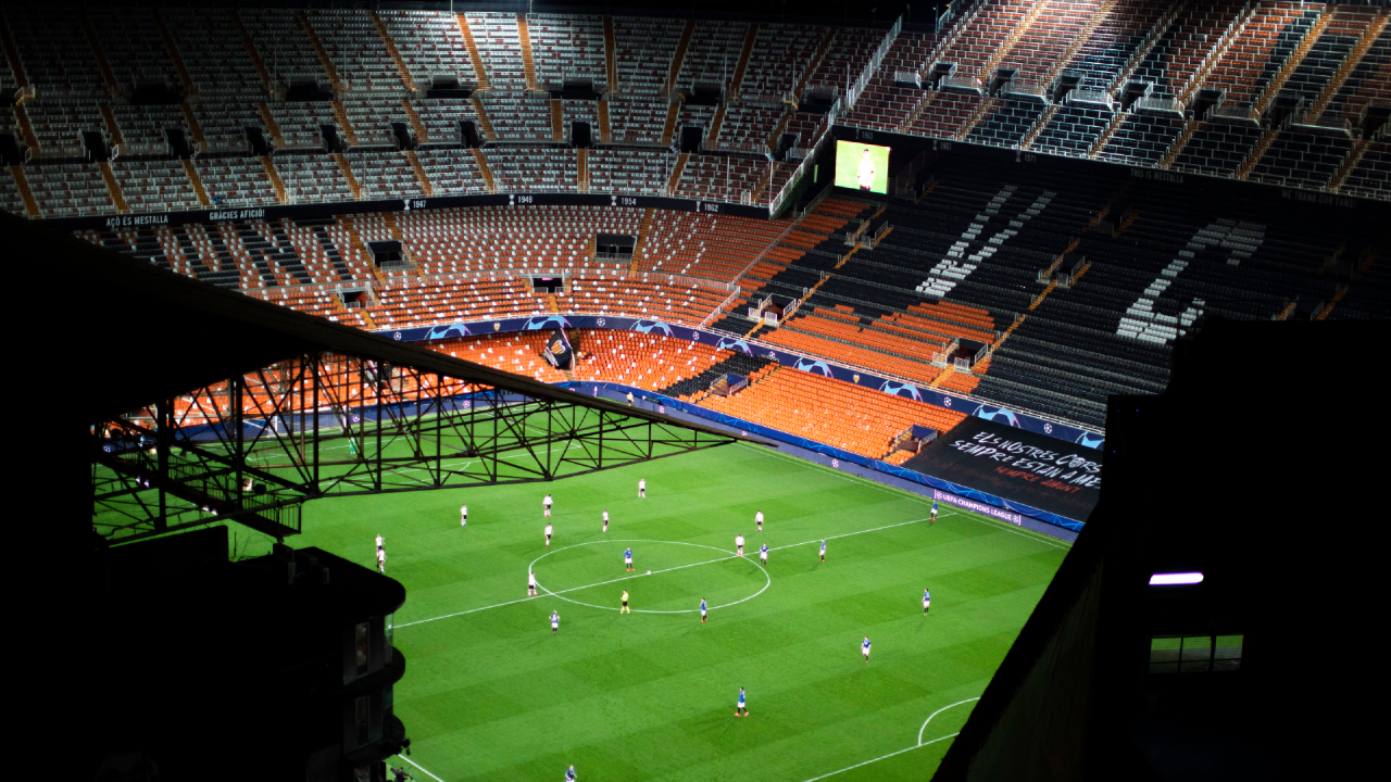 In this Tuesday March 10, 2020 photo a general view of the Mestalla stadium during the Champions League round of 16 second leg soccer match between Valencia and Atalanta in Valencia, Spain. (Emilio Morenatti, File/AP)