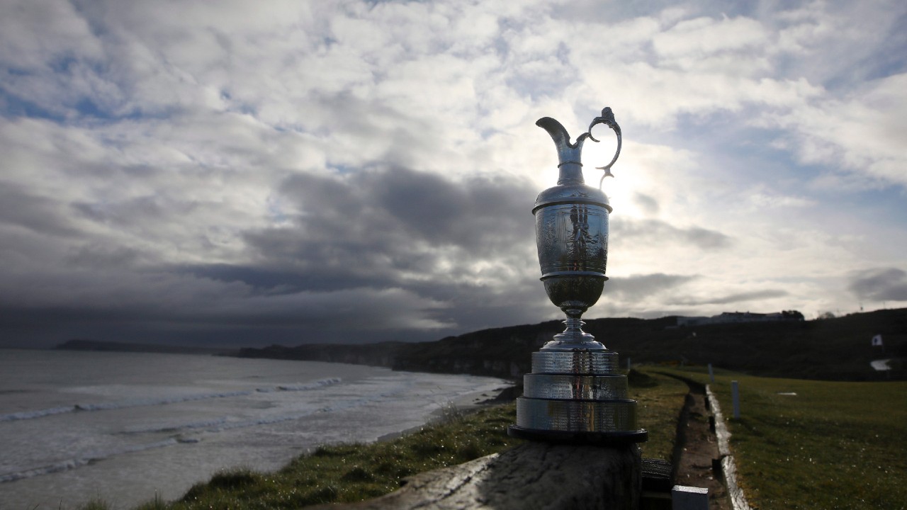 The Claret Jug is placed on display to the media at Royal Portrush, Dunluce course, Northern Ireland in 2019. (Peter Morrison/AP)
