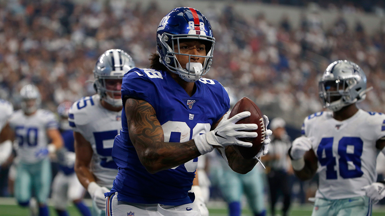 New York Giants tight end Evan Engram (88) catches a pass in the end zone for a touchdown in the first half against the Dallas Cowboys in Arlington, Texas, Sunday, Sept. 8, 2019. (Michael Ainsworth/AP)