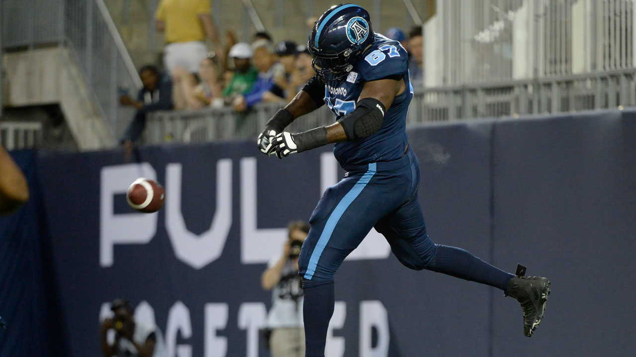 Toronto Argonauts offensive lineman Jamal Campbell (67) celebrates his touchdown. (Nathan Denette/CP)